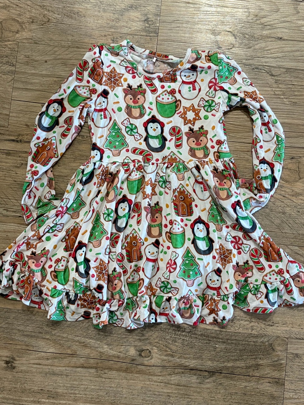 Posh Peanut White Holiday Character Print Long-Sleeve Ruffle Dress